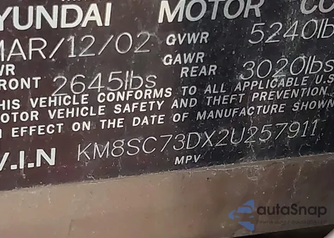 2002 Hyundai Santa Fe Gls/Lx z USA, uszkodzony, nr VIN KM8SC73DX2U257911